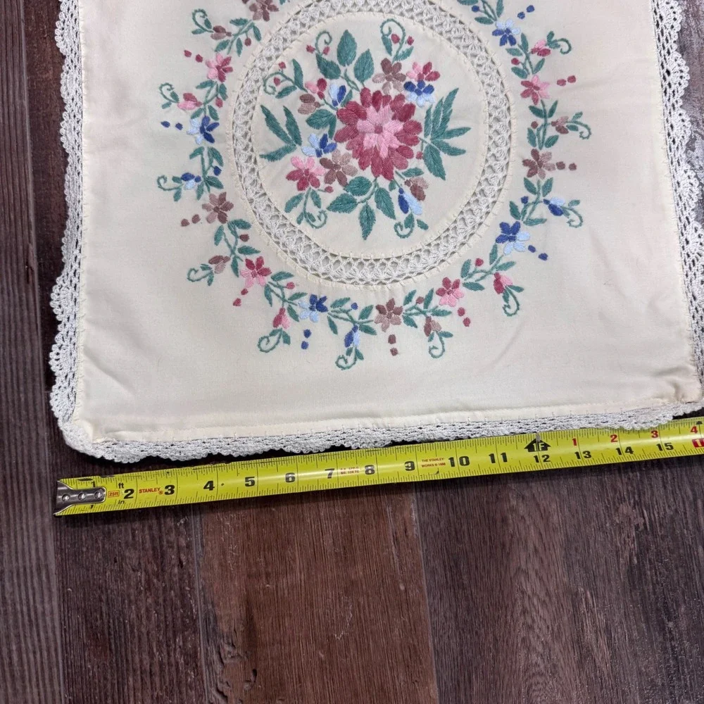 Vintage Hand Embroidered Floral Lace Trim Pillow Covers Set of 2 Cream 15.5